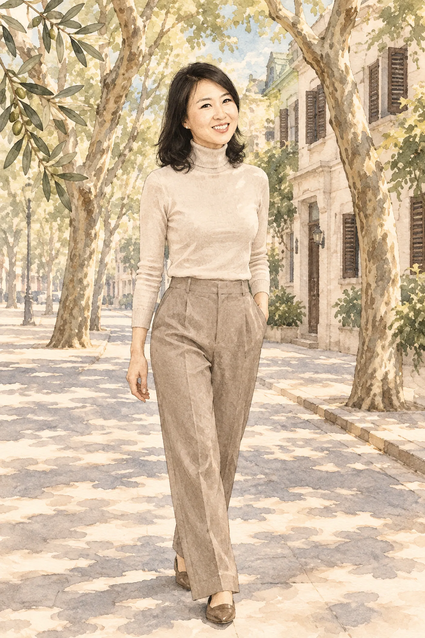 A woman walking and smiling along a tree-lined avenue