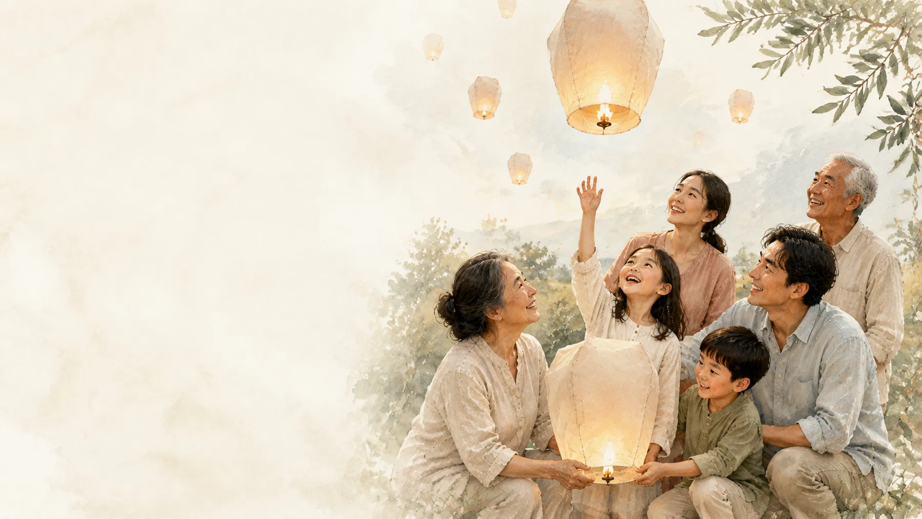 A family kneeling together at dusk, releasing a sky lantern, watching lanterns rise over a river valley