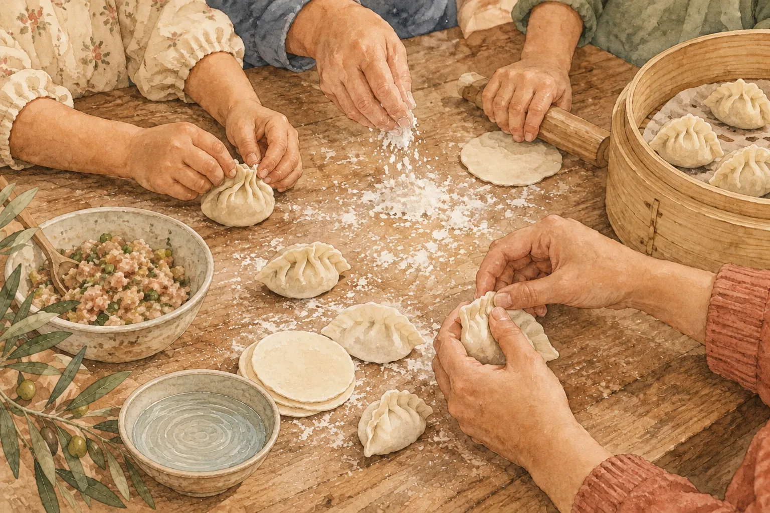 Several hands together shaping dumplings around a floured wooden table, with a bamboo steamer nearby
