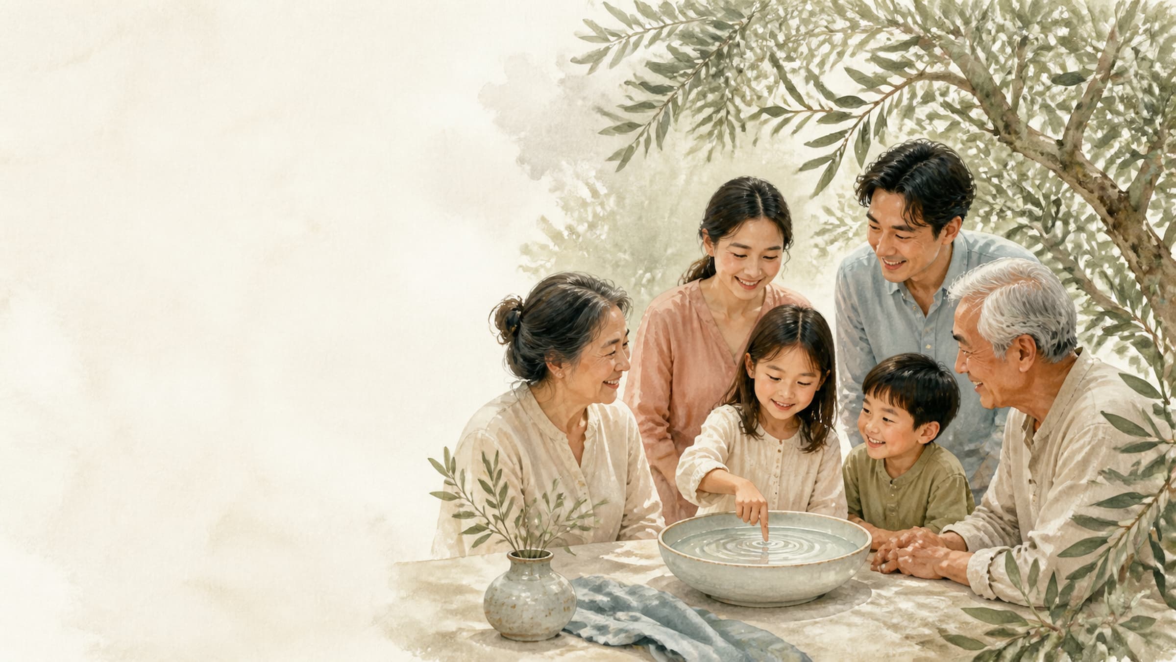 An intergenerational family gathers around a table as a girl touches the water in a shallow bowl beneath an olive tree.
