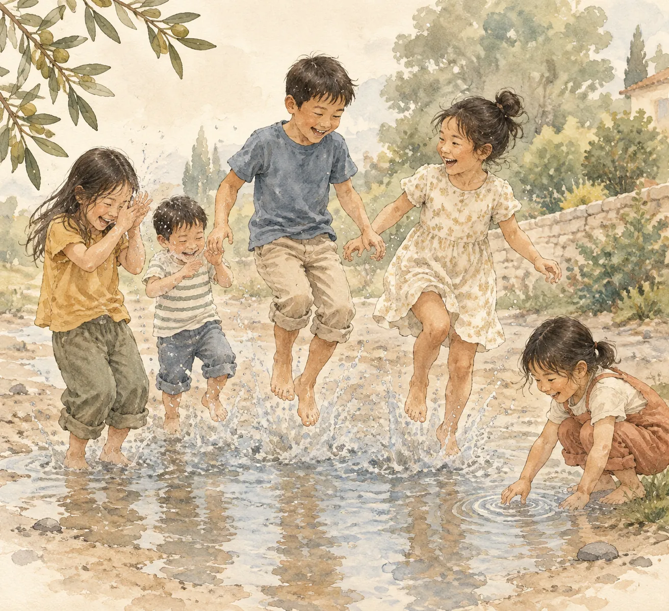 Children laughing and playing in a puddle